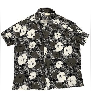 Open Edit Black & White Floral Button Up Short Sleeve Shirt 2XL
